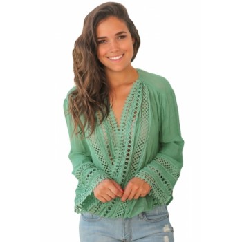 Blue Long Bell Sleeve Crotch V Neck Tunic Top Green Apricot